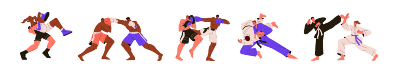 Martial arts set. Athletes wrestling, fighting. Boxing, judo, karate, Muay Thai, Greco-Roman fighters, wrestlers in battle, grapple, competition. Flat vector illustrations isolated on white background