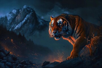 tiger in the night illustration , tiger painting, wallpaper (AI generated)