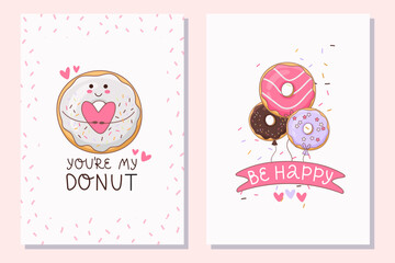Set of cartoon colorful donuts with positive and cool lettering. Collection of glazed donuts for menu design, cafe decoration, greeting cards, posters. Vector