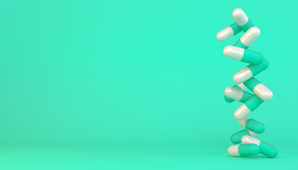 3d rendering of some capsules in green and white - Medicine on green background.