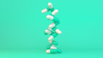 3d rendering of some capsules in green and white - Medicine on green background.