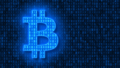Illustation of bitcoin sign in light blue and in the background in dark blue a coding of binary code. - abstract background