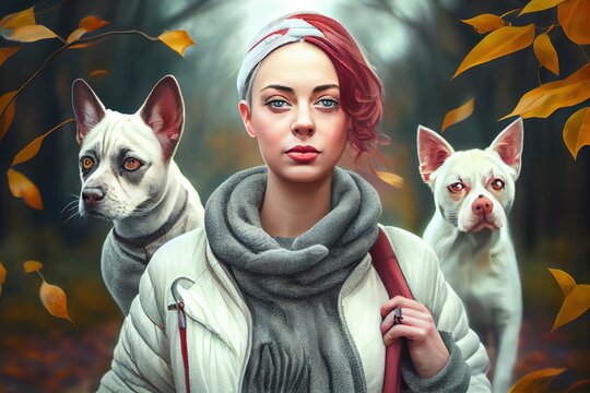 Generative AI illustration of young female owner with red hair in outerwear and headband strolling in autumn park with dogs behind against blurred background