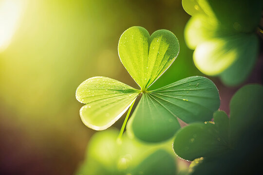 Four-leaf green clover for good luck on St. Patrick's day, four-leaf clover plant symbol of Ireland leprechaun