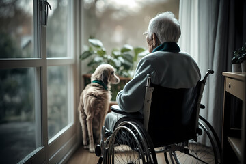 Fototapeta na wymiar Sad elderly Senior person in wheelchair in nursing home looking out window with pet dog. Concept friendship animal and people. Generation AI