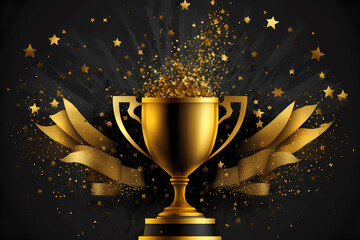 Cup Champion golden prize with splash of stars on dark background with sun light. Generation AI