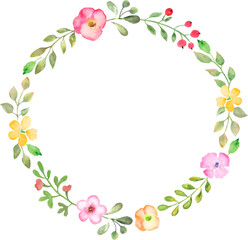 Watercolor floral round wreath   with  flowers and leaves. Flowers hand drawn illustration. Vector EPS.