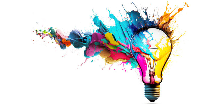 Concept art brainstorm and Generation of creative ideas. Electric light bulb symbol with splashes of colored paint on white background. Generation AI