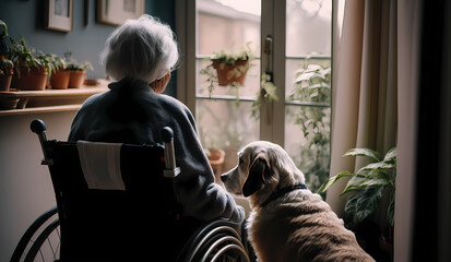 Fototapeta na wymiar Elderly Senior person in wheelchair looking out window with pet dog in home. Concept friendship. Generation AI