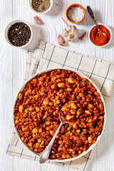 Beans and Sausage bake in baking dish, top view