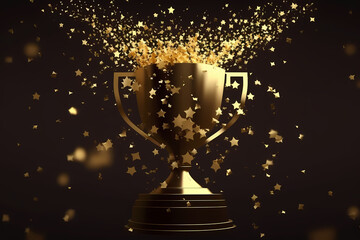 Champion golden trophy with splash of gold stars on dark background, copy space. Concept winner award. Generation AI