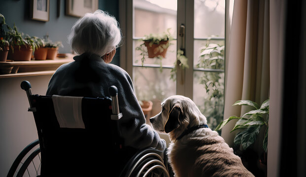 Elderly Senior person in wheelchair looking out window with pet dog in home. Concept friendship. Generation AI