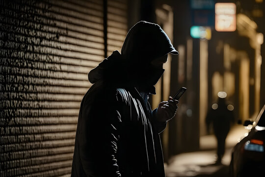 Criminal bandit watches victim in dark alley. Man is preparing to commit an attack to people. Generation AI