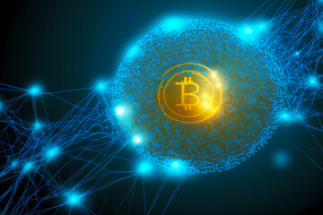 Cyber planet with Gold bitcoin logo, blue color. Concept worldwide payment data system crypto wallet. Generation AI