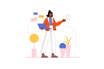 Fototapeta premium Marketing icons concept with people scene in the flat cartoon style. Marketer is engaged in creating advertisement and publications on the Internet.