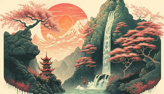 Waterfall and mountain landscape in chinese style background. In traditional oriental, minimalistic Japanese style. AI
