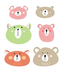 Cute baby bear avatar vector illustration. Hand drawn bear faces. Colorful animal face for child
