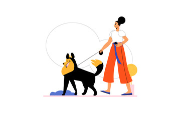 Pets icons concept with people scene in the flat cartoon design. Girl walks in the park with her dog.