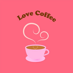 Hot cup of coffee with heart steam line and heart smoke. Love coffee sign or logo.