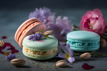 Sweet and beautiful macaroons of flower flavour. Flower flavour dessert food photography made with Generative AI