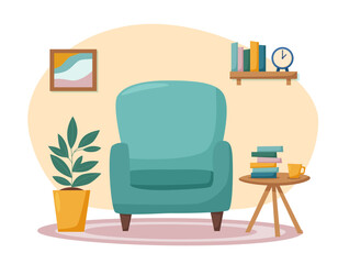 Home interior, workplace at home with armchair, floor flower, table, books. 
