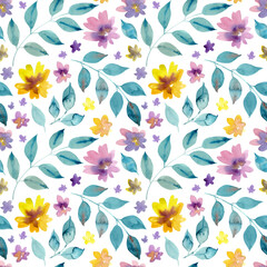 Fototapeta na wymiar Seamless pattern of watercolor pink and yellow flowers and blue green leaves. Hand drawn illustration. Botanical hand painted floral elements on white background.