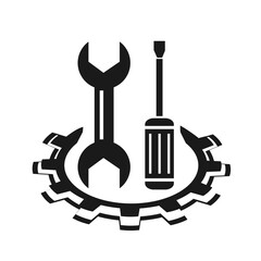 Vector illustration, logo, web icon. A gear, a wrench and a screwdriver. Isolated on a white background.