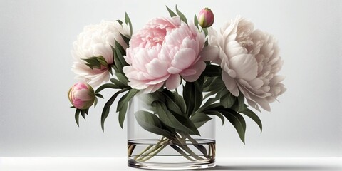 Selective focus on a bouquet of fresh tender white and pink peonies in a glass vase against a white background. Generative AI