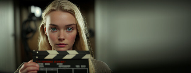 Movie actress audition portrait with clapperboard, young caucasian blond woman looking at camera, horizontal copy space. Generative AI