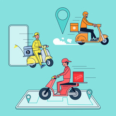 Big isolated delivery vehicle vector icons, flat illustrations of motorcycle delivery, logistic commercial transport concept.