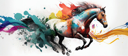 Sport horse gallop race colorful splash horizontal banner on white background. Generative AI illustration