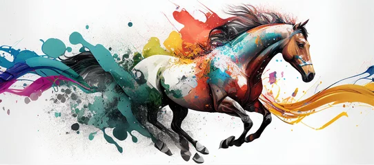 Outdoor kussens Sport horse gallop race colorful splash horizontal banner on white background. Generative AI illustration © fabioderby