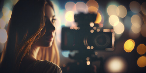 Actress on movie set, film camera on defocused background. Generative AI