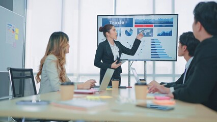 Professional asian businesswoman presentation of company growth data with team at meeting in office