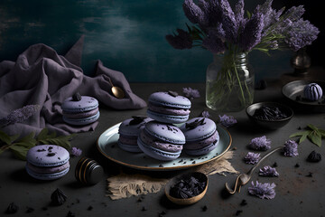 Homemade elderberry flavored macaroons. Creative dessert compositions food photography made with Generative AI