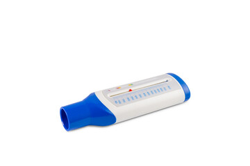 Peak flow meter medical equipment, isolated white background.