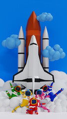 Group of Astronauts posing like superhero team in different poses with space shuttle, science technology space adventure discovery, vertical mobile wallpaper 3D render.