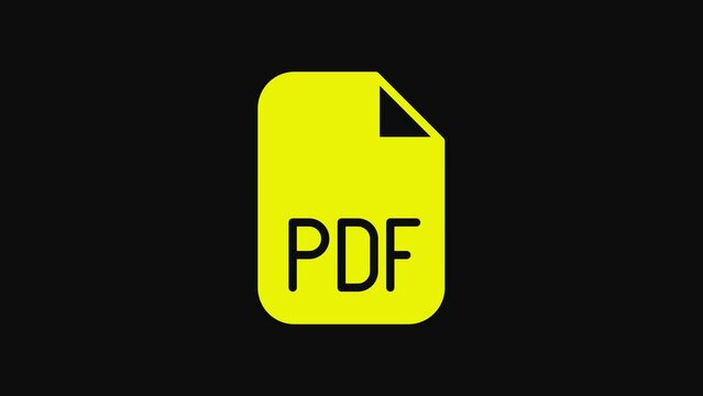 Yellow PDF file document. Download pdf button icon isolated on black background. PDF file symbol. 4K Video motion graphic animation
