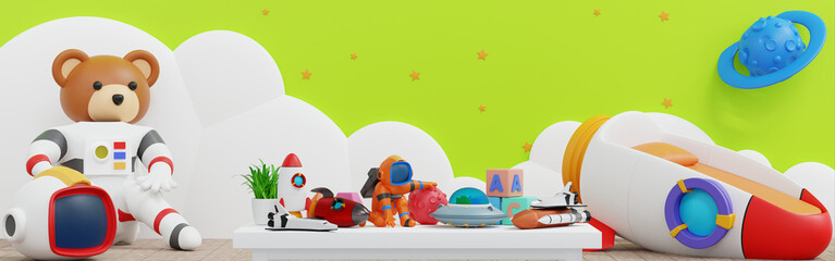 Baby kid room wall rocket planet space adventure, doll and toy, Template Horizontal Banner header Website, 3D render.