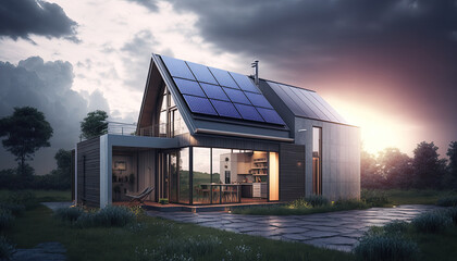 Obraz premium House with solar panels on the roof. Sustainable and clean energy at home. Generative AI