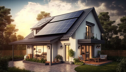 Fototapeta na wymiar House with solar panels on the roof. Sustainable and clean energy at home. Generative AI