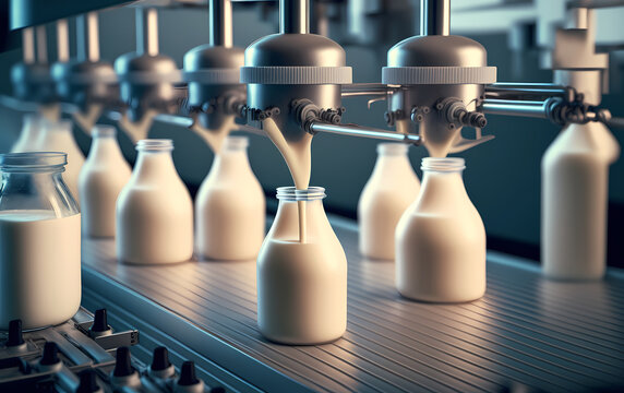 Dairy plant, production factory line glass bottling milk. Generation AI