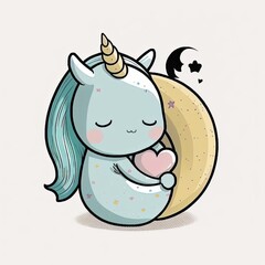 Naklejka premium Beautiful and childish unicorn sleeping with the moon on colorful background. Generative AI