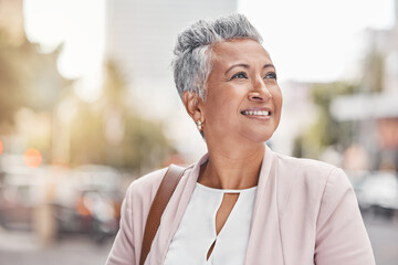 Senior woman, city smile and business person success with blurred background thinking of work. Urban, investment vision and mature female outdoor happy about investing and retirement pension ideas