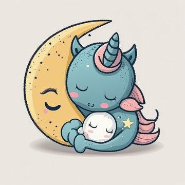 Beautiful and childish unicorn sleeping with the moon on colorful background. Generative AI