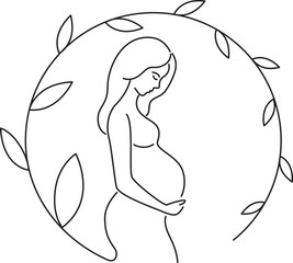 Logo with a pregnant woman and a plant frame around her. vector illustration