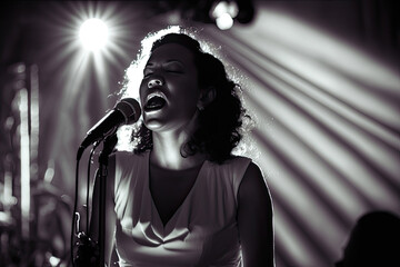 Portrait of young female singer on stage singing surrounded by lights on a dark background. Black and white image. Generative AI