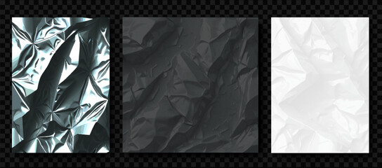 Set of white and black clean crumpled paper on transparent background. Poorly glued white paper, foil and white sheet. Black crumpled and crumpled background of a plastic poster. Vector
