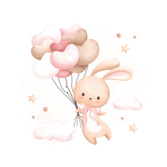 Watercolor Illustration Cute rabbit and balloons on cloud