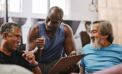 Gym, membership and personal trainer with men for sign up, planning and workout routine on blurred background. Health, checklist and coach with old people on floor for training, goals and motivation